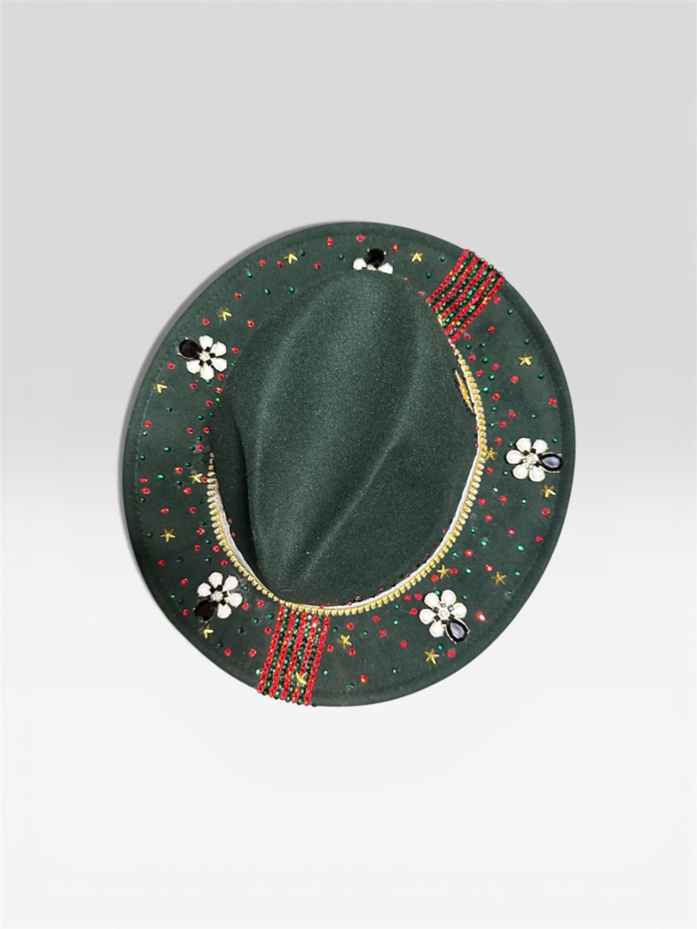 Embellished Dark Green Floral Fedora Hat